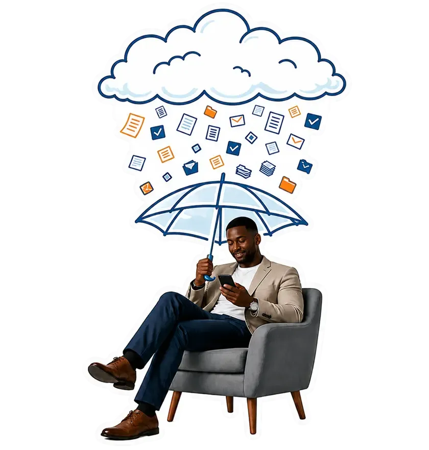 Business illustration — man with umbrella amid organic shapes