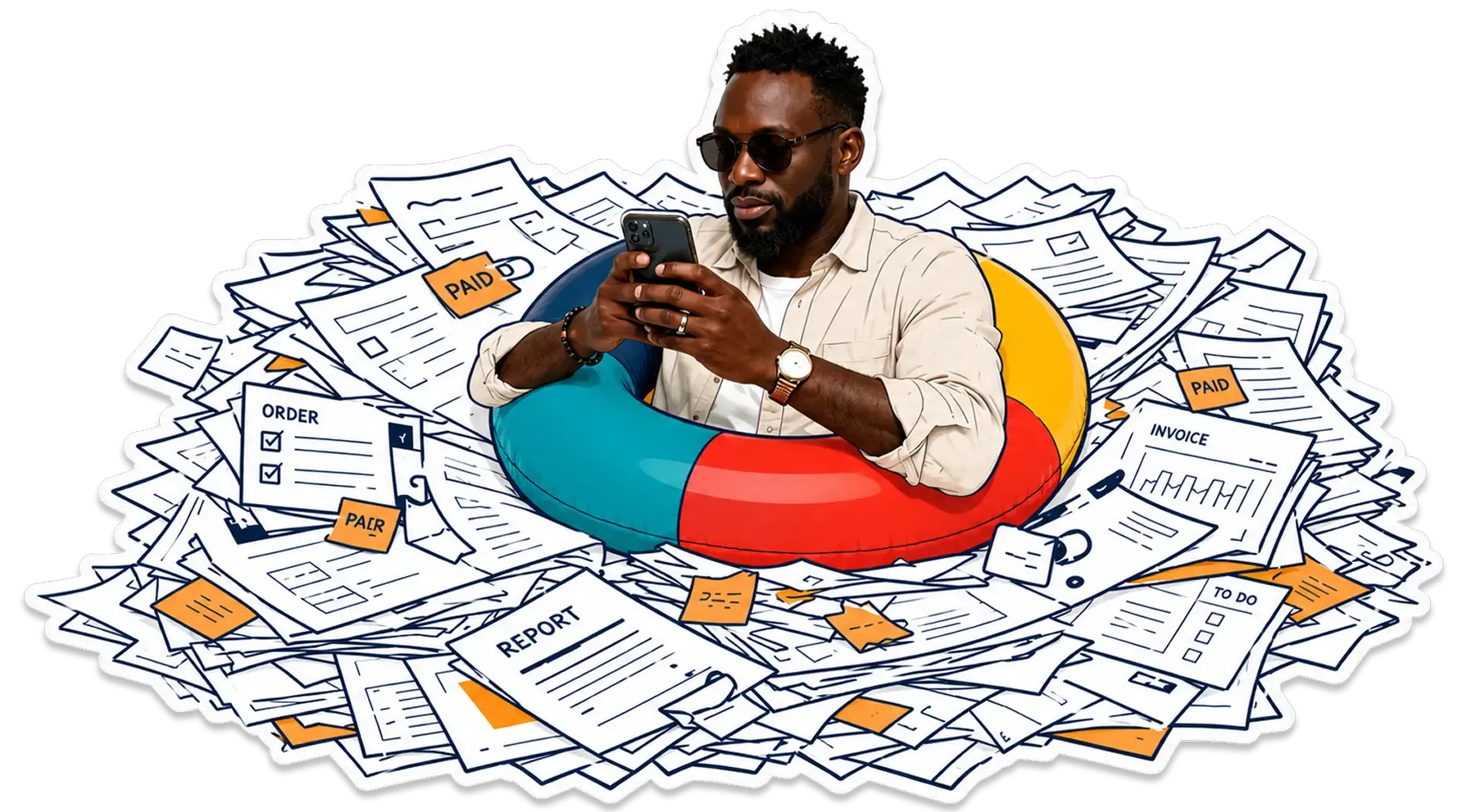 Business illustration — man with umbrella amid organic shapes