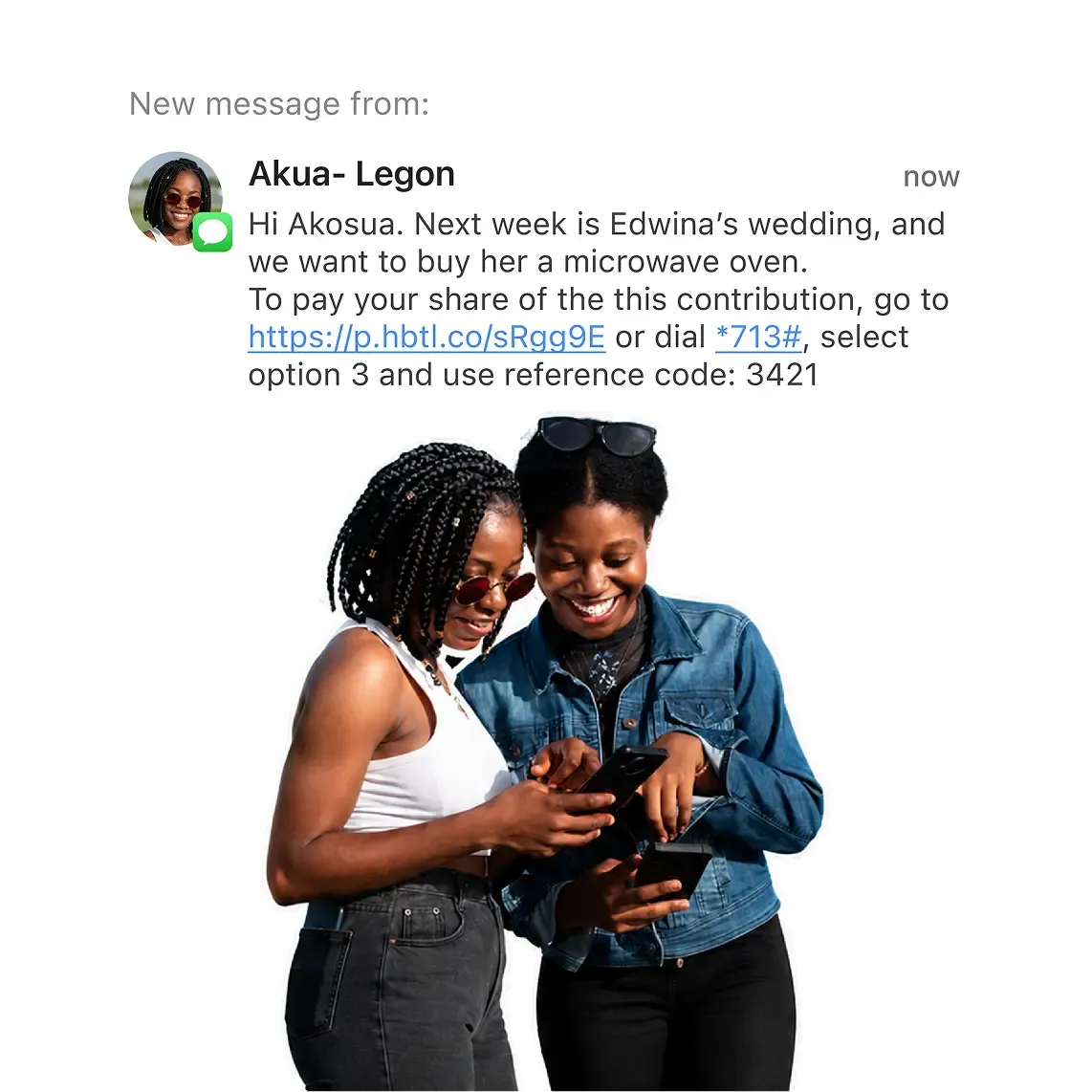 Phone showing an SMS payment reminder for friends